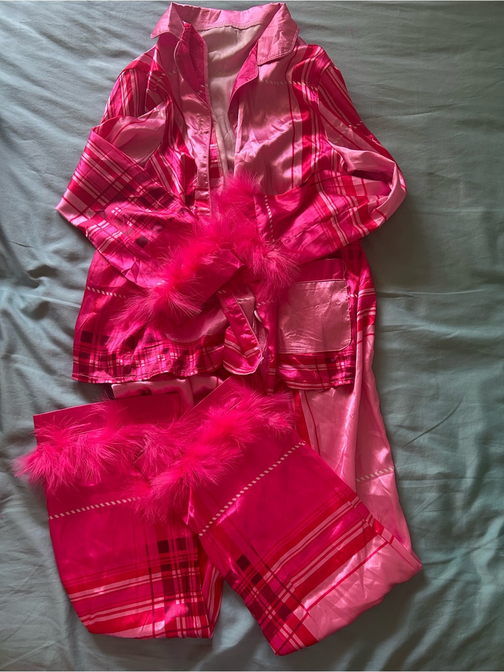 Pink plaid pajama set with feather trim